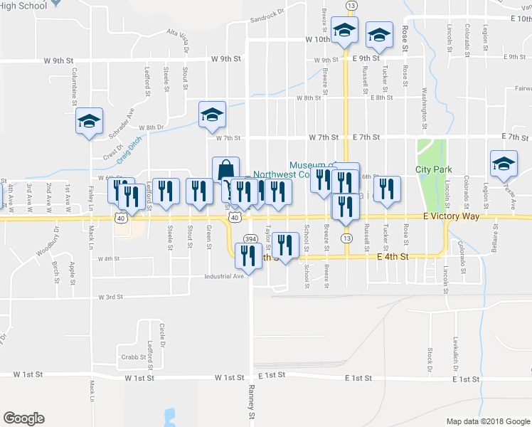 map of restaurants, bars, coffee shops, grocery stores, and more near 502 Taylor Street in Craig