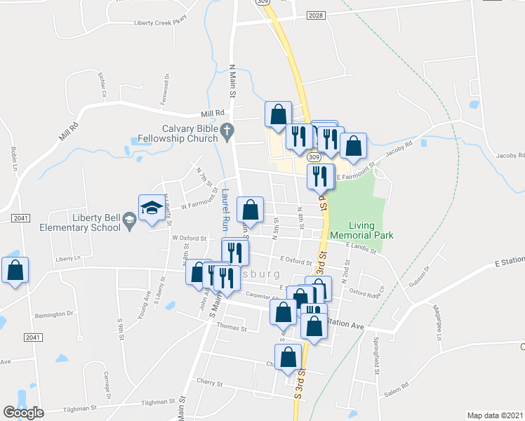 map of restaurants, bars, coffee shops, grocery stores, and more near 521 Fairview Street in Coopersburg