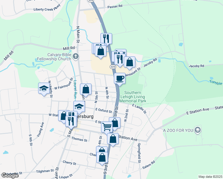 map of restaurants, bars, coffee shops, grocery stores, and more near 321 Fairview Street in Coopersburg