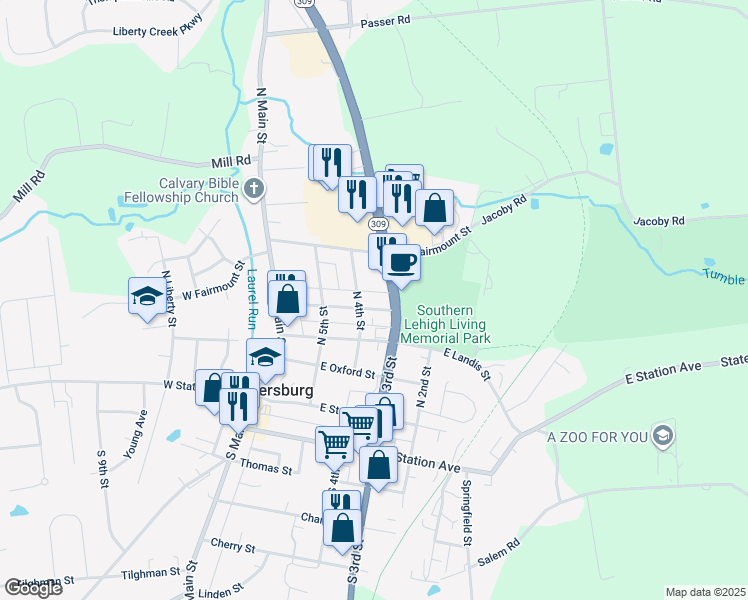 map of restaurants, bars, coffee shops, grocery stores, and more near 321 Fairview Street in Coopersburg