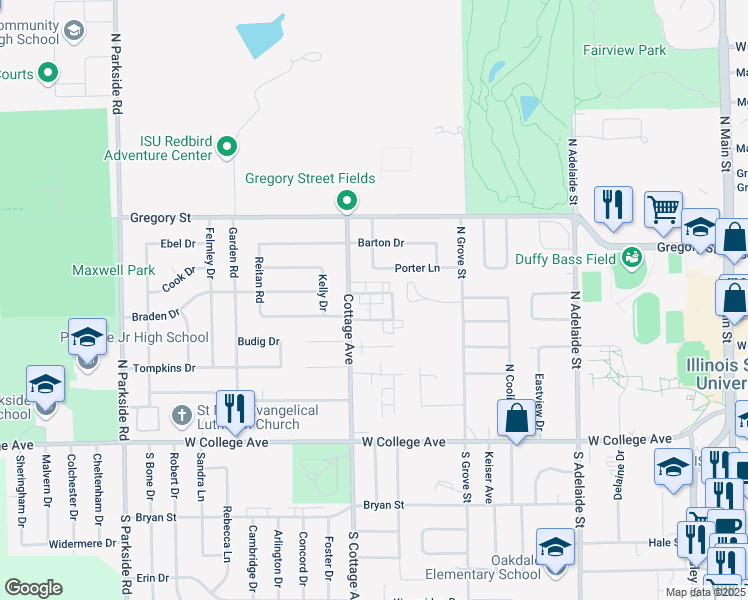 map of restaurants, bars, coffee shops, grocery stores, and more near 1505 Hancock Drive in Normal