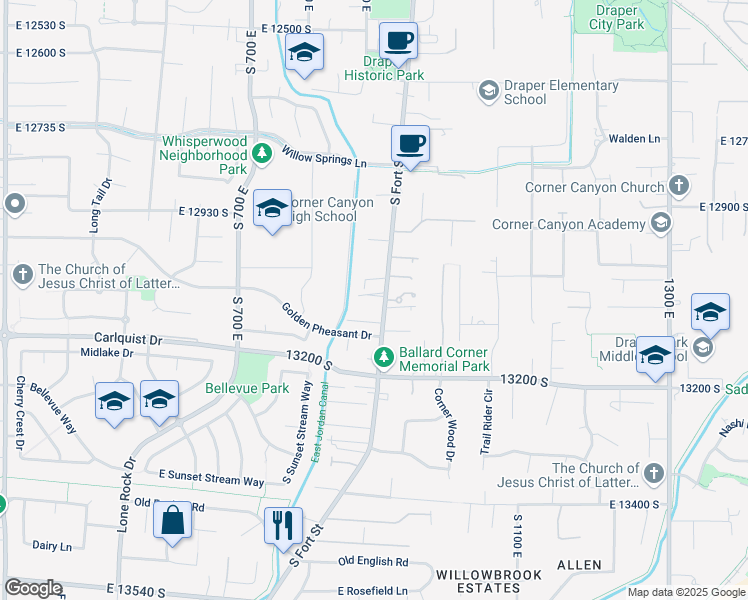 map of restaurants, bars, coffee shops, grocery stores, and more near 13060 South Fort Street in Draper