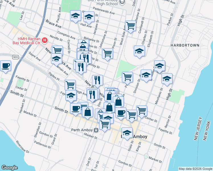 map of restaurants, bars, coffee shops, grocery stores, and more near 1008 Hidden Village Drive in Perth Amboy