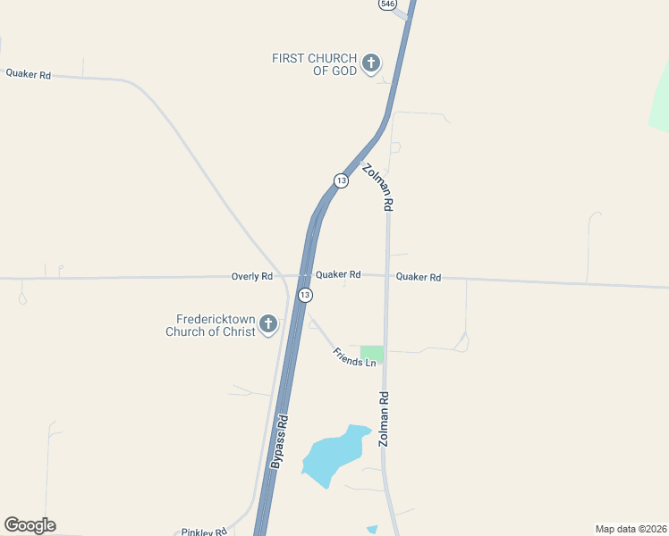 map of restaurants, bars, coffee shops, grocery stores, and more near 10367 Quaker Road in Fredericktown