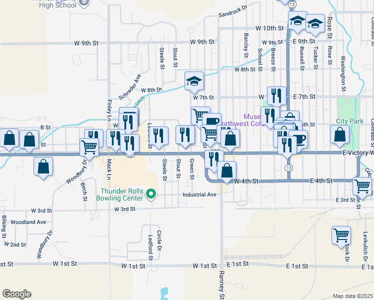 map of restaurants, bars, coffee shops, grocery stores, and more near 500-598 Green St in Craig