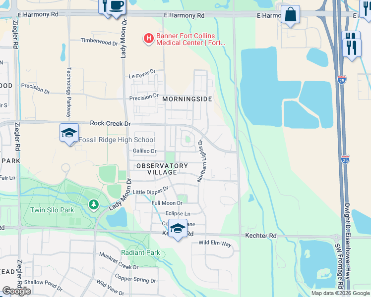 map of restaurants, bars, coffee shops, grocery stores, and more near 3803 Sky Gazer Lane in Fort Collins