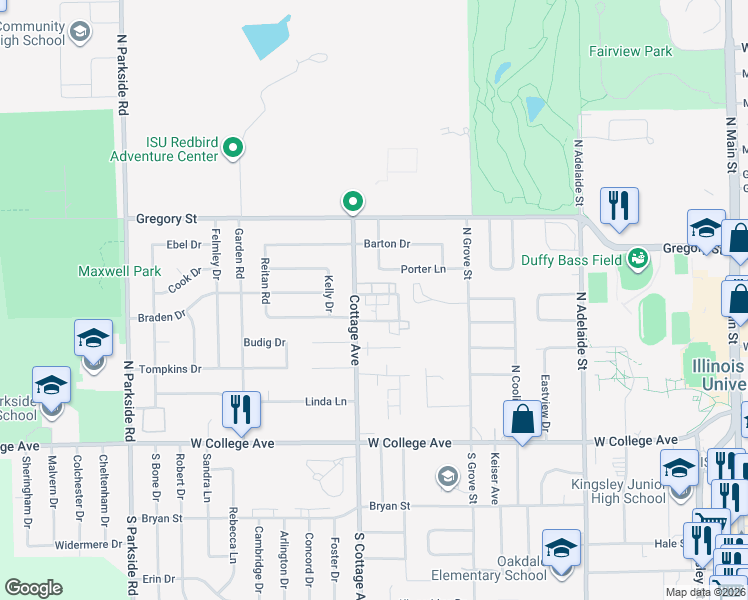 map of restaurants, bars, coffee shops, grocery stores, and more near 1507 Hancock Drive in Normal