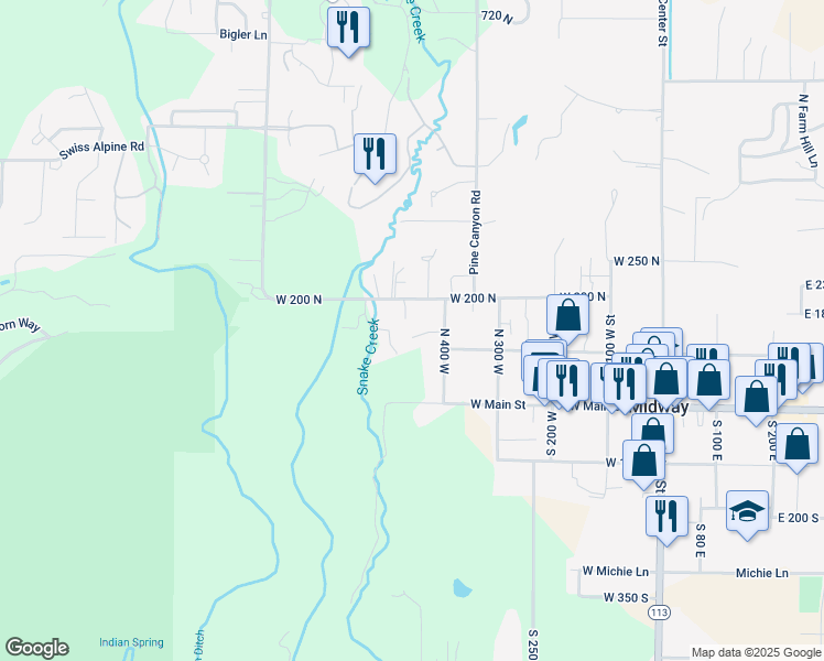 map of restaurants, bars, coffee shops, grocery stores, and more near 425 West 200 North in Midway