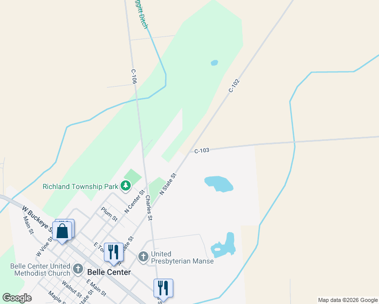 map of restaurants, bars, coffee shops, grocery stores, and more near 10661 C-102 in Belle Center