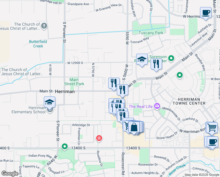 map of restaurants, bars, coffee shops, grocery stores, and more near 13084 South Jj Farms Lane in Herriman