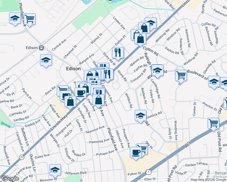 map of restaurants, bars, coffee shops, grocery stores, and more near 207 Woodhaven Drive in Edison