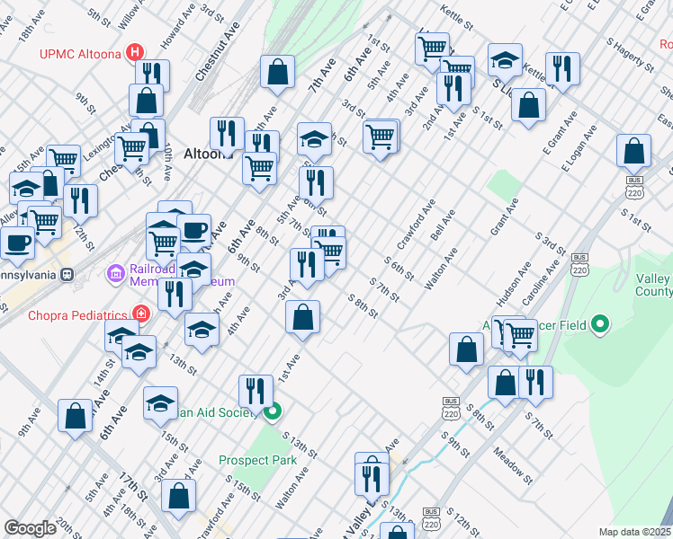 map of restaurants, bars, coffee shops, grocery stores, and more near 711 2nd Avenue in Altoona