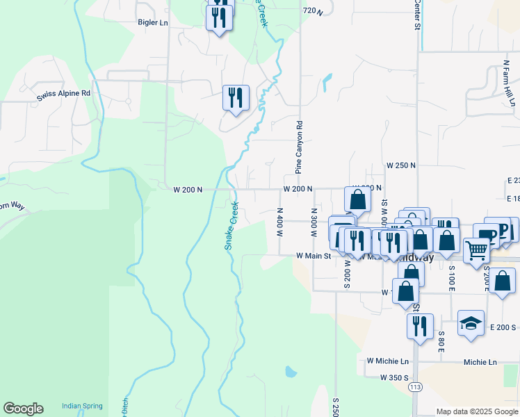 map of restaurants, bars, coffee shops, grocery stores, and more near 425 West 200 North in Midway