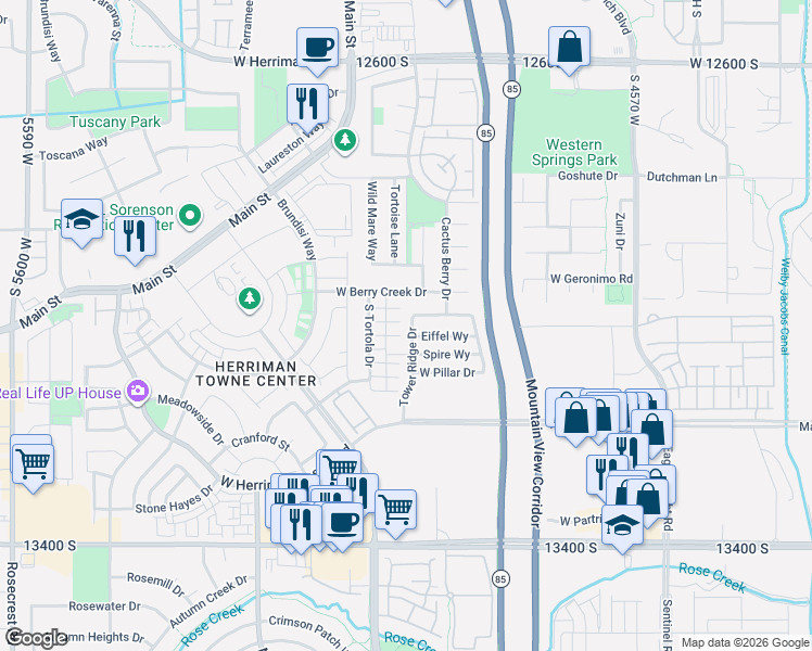 map of restaurants, bars, coffee shops, grocery stores, and more near 13038 Tower Ridge Drive in Riverton