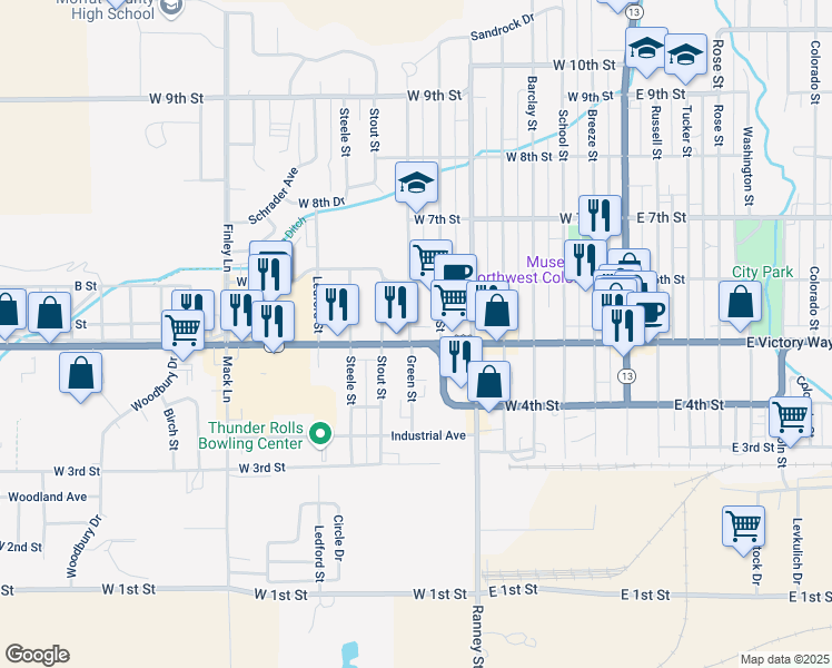 map of restaurants, bars, coffee shops, grocery stores, and more near 500 Green Street in Craig