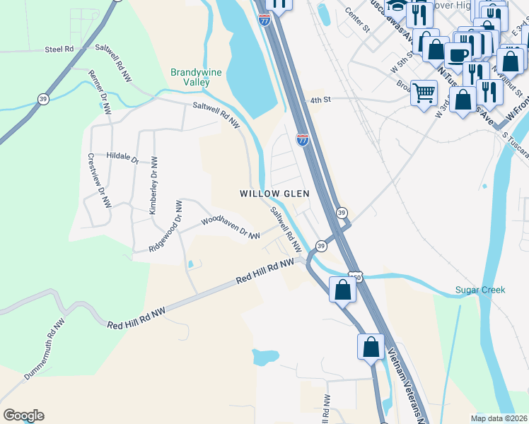 map of restaurants, bars, coffee shops, grocery stores, and more near 1846 Saltwell Road Northwest in Dover