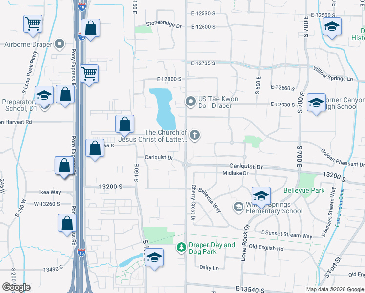 map of restaurants, bars, coffee shops, grocery stores, and more near 281 East John Wayne Lane in Draper