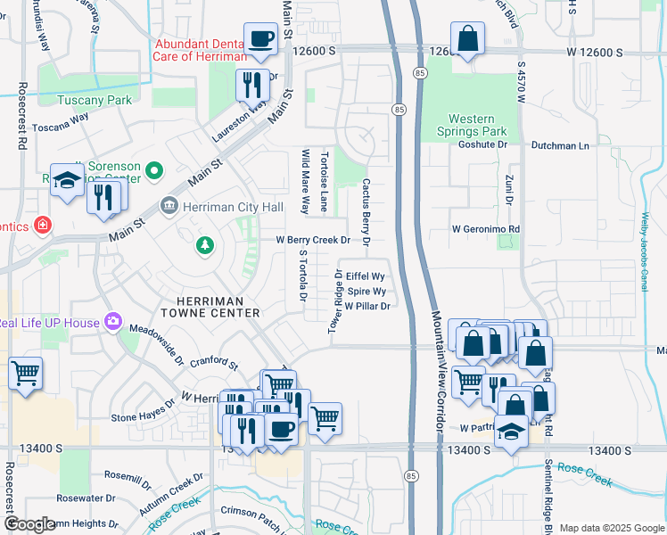 map of restaurants, bars, coffee shops, grocery stores, and more near 4967 West Ticoa Lane in Herriman