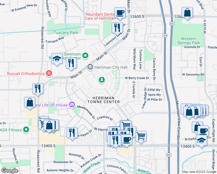 map of restaurants, bars, coffee shops, grocery stores, and more near 13057 Keegan Drive in Herriman