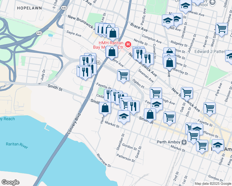 map of restaurants, bars, coffee shops, grocery stores, and more near 488 Fayette Street in Perth Amboy