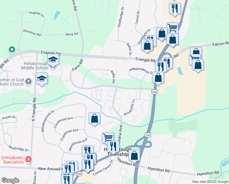 map of restaurants, bars, coffee shops, grocery stores, and more near 3508 Wellington Court in Hillsborough Township