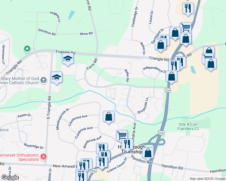 map of restaurants, bars, coffee shops, grocery stores, and more near 294 Farm Road in Hillsborough Township