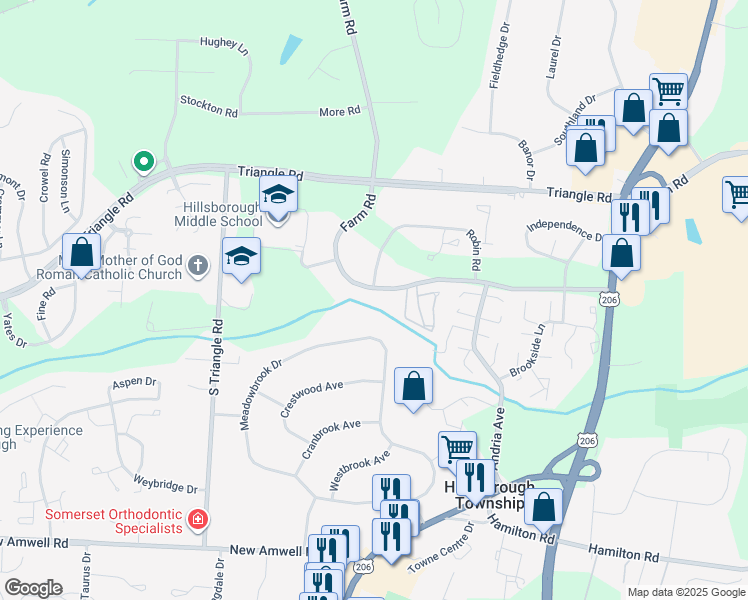map of restaurants, bars, coffee shops, grocery stores, and more near 60 Farm Road in Somerset County