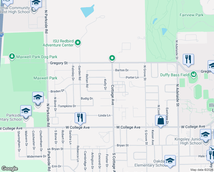 map of restaurants, bars, coffee shops, grocery stores, and more near 309 Cottage Avenue in Normal