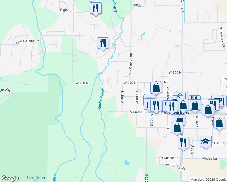 map of restaurants, bars, coffee shops, grocery stores, and more near 458 140 North in Midway