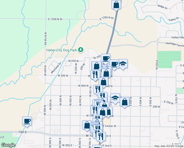 map of restaurants, bars, coffee shops, grocery stores, and more near 549 North 1st West in Heber City