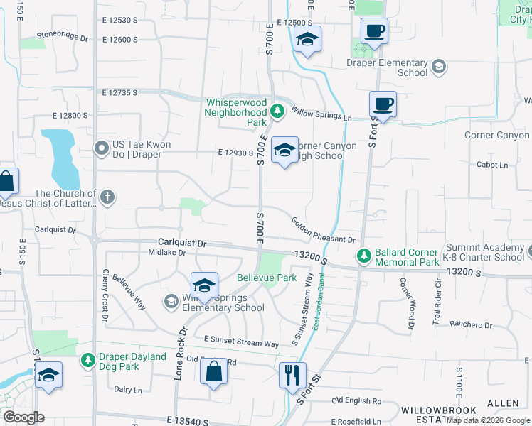 map of restaurants, bars, coffee shops, grocery stores, and more near 738 Golden Pheasant Drive in Draper