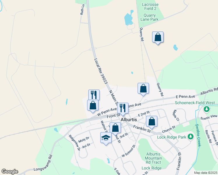 map of restaurants, bars, coffee shops, grocery stores, and more near 227 State Route 3001 in Alburtis