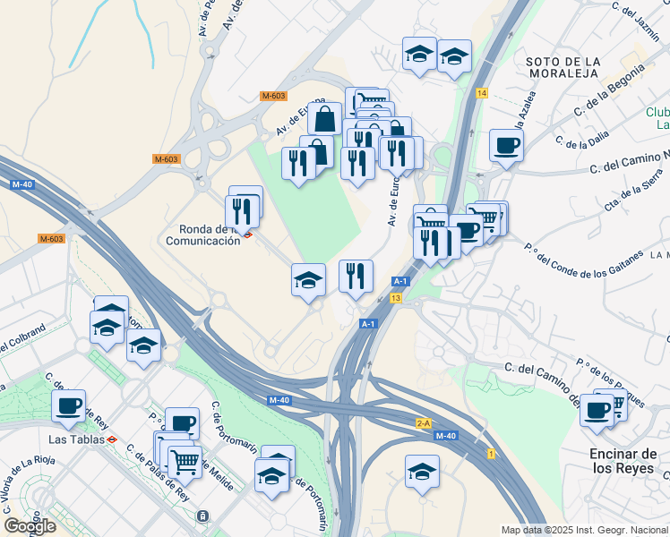 map of restaurants, bars, coffee shops, grocery stores, and more near 22 Avenida de Europa in Alcobendas