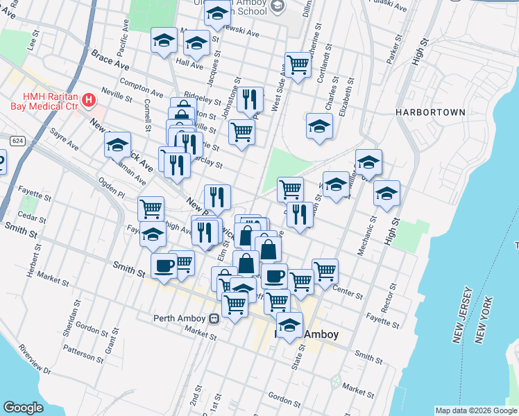 map of restaurants, bars, coffee shops, grocery stores, and more near 227 Washington Street in Perth Amboy