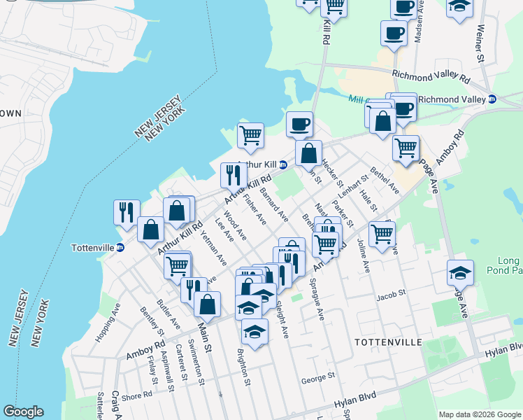 map of restaurants, bars, coffee shops, grocery stores, and more near 121 Fisher Avenue in Staten Island