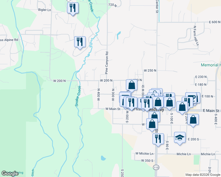 map of restaurants, bars, coffee shops, grocery stores, and more near 192 North 300 West in Midway