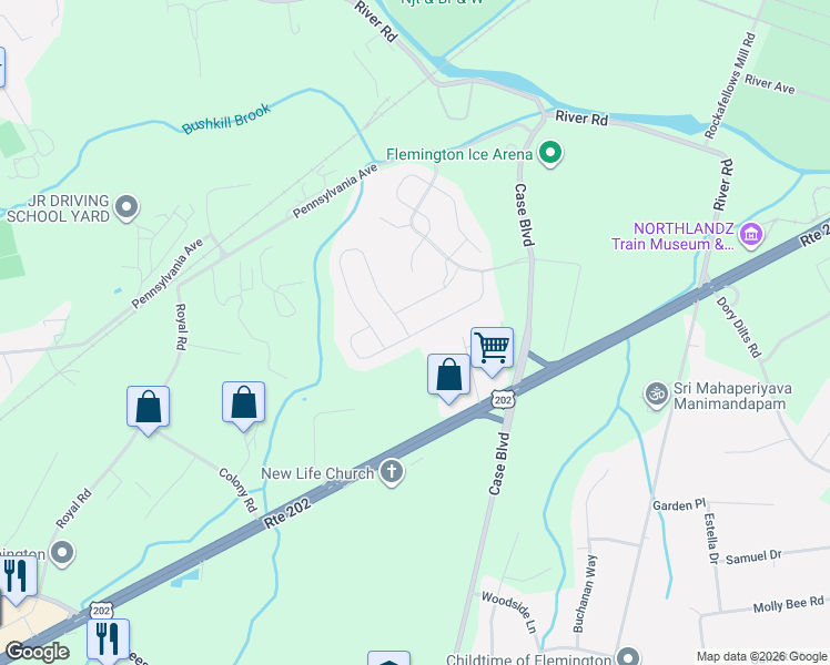 map of restaurants, bars, coffee shops, grocery stores, and more near 13 Mill Brook Road in Flemington