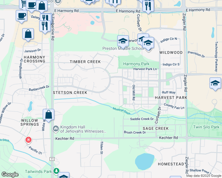 map of restaurants, bars, coffee shops, grocery stores, and more near 2508 Dallas Creek Court in Fort Collins