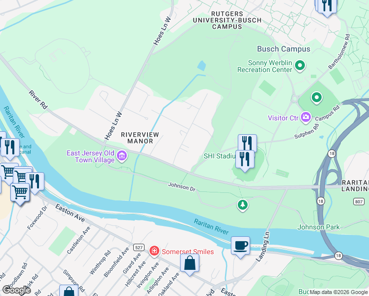 map of restaurants, bars, coffee shops, grocery stores, and more near 23 Riverview Avenue in Piscataway Township