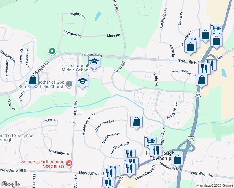 map of restaurants, bars, coffee shops, grocery stores, and more near 60 Farm Road in Somerset County