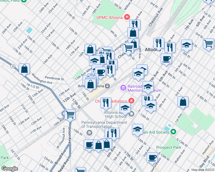 map of restaurants, bars, coffee shops, grocery stores, and more near 1231 11th Avenue in Altoona