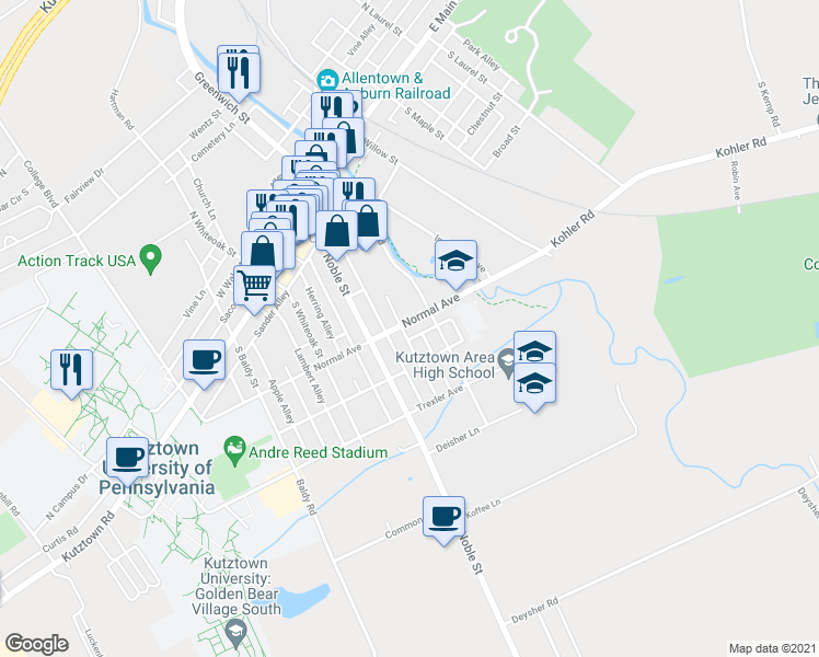 map of restaurants, bars, coffee shops, grocery stores, and more near 134 Normal Avenue in Kutztown