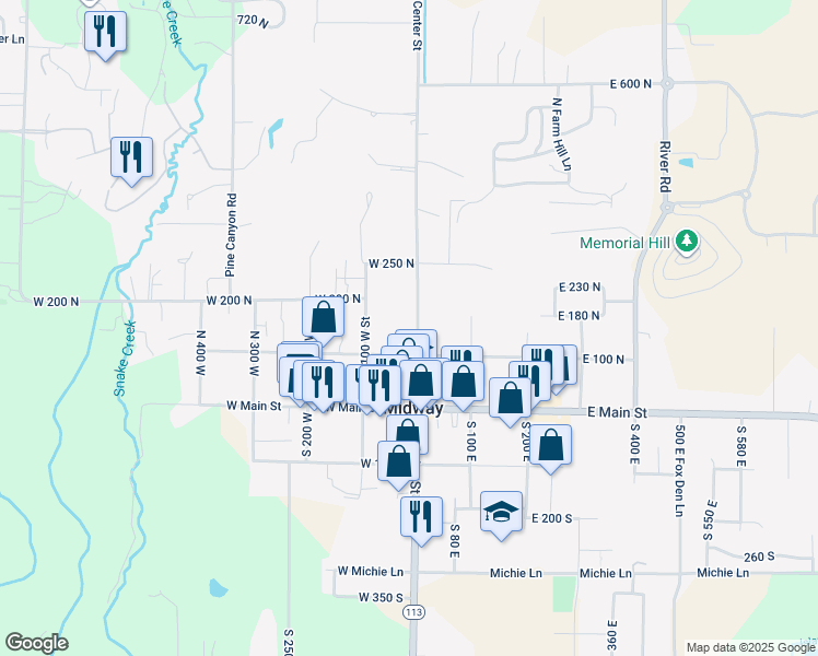 map of restaurants, bars, coffee shops, grocery stores, and more near 125 N Center St in Midway