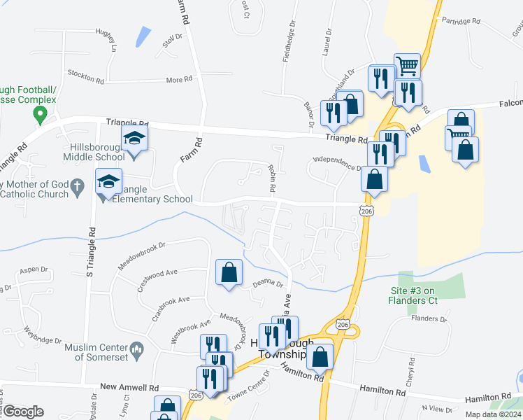 map of restaurants, bars, coffee shops, grocery stores, and more near 3400 Wellington Court in Somerset County