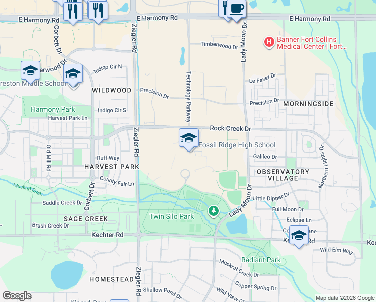 map of restaurants, bars, coffee shops, grocery stores, and more near 5400 Ziegler Road in Fort Collins