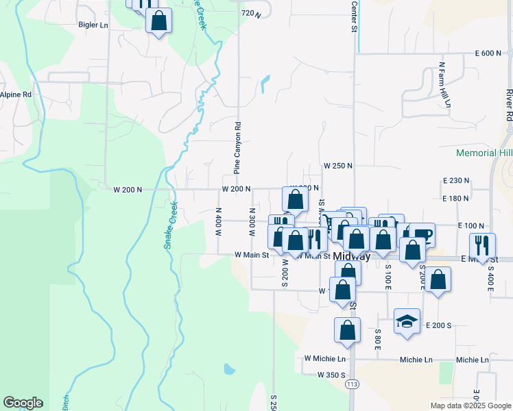 map of restaurants, bars, coffee shops, grocery stores, and more near 192 North 300 West in Midway