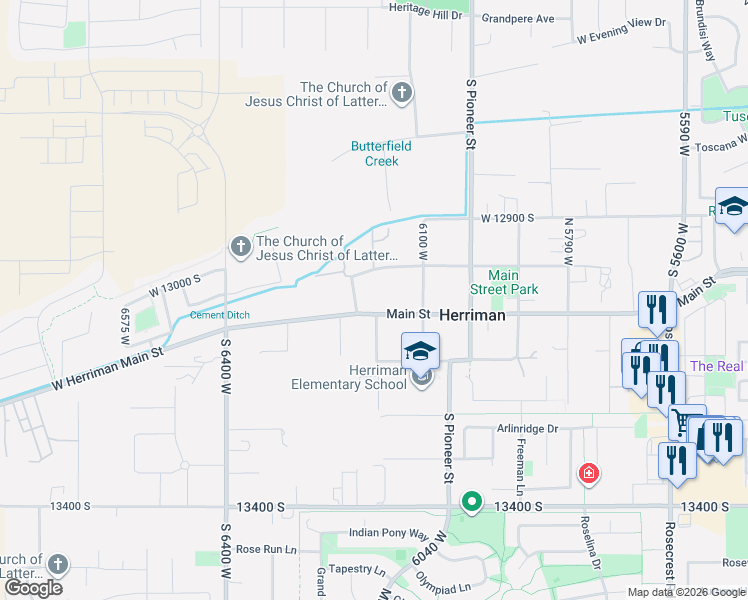 map of restaurants, bars, coffee shops, grocery stores, and more near 6186 West 13100 South in Herriman