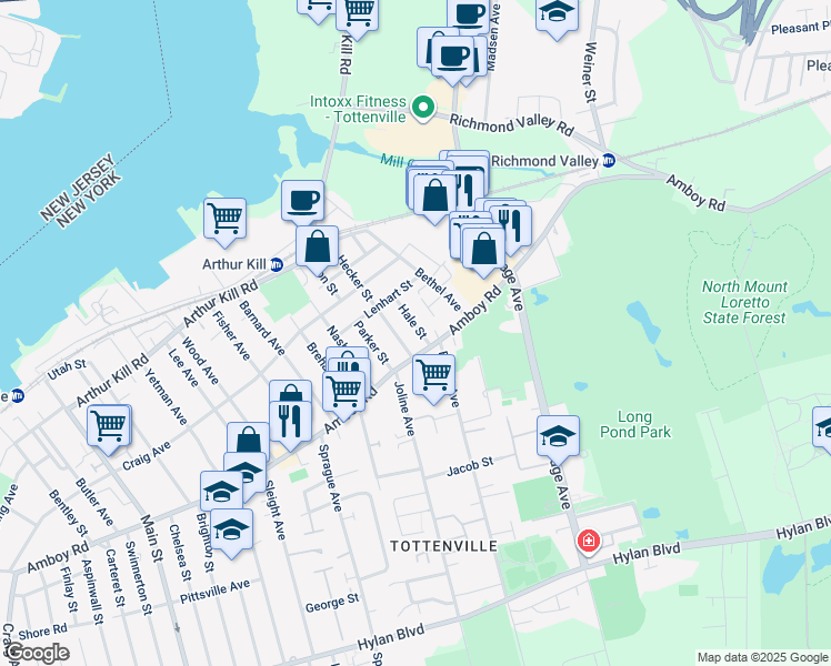 map of restaurants, bars, coffee shops, grocery stores, and more near 19 Hale Street in Staten Island