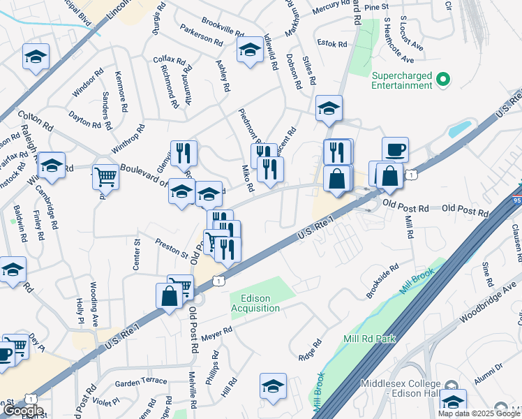 map of restaurants, bars, coffee shops, grocery stores, and more near 463 Old Post Road in Edison