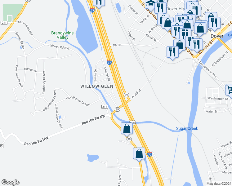 map of restaurants, bars, coffee shops, grocery stores, and more near 535 West 3rd Street in Dover